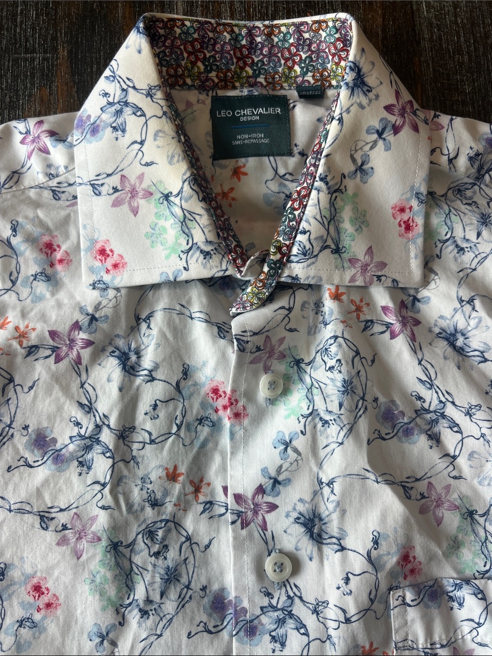 Leo Chevalier White Floral Button-Down Shirt with Blue, Purple & Pink Accents